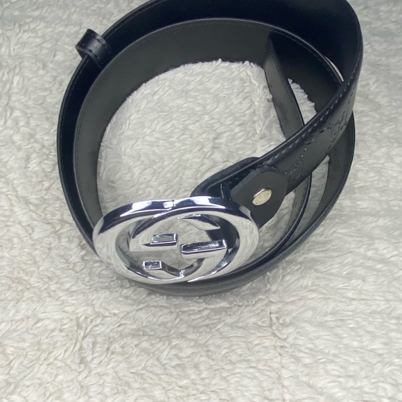 Gucci Silver Buckle Black Embossed Leather Belts